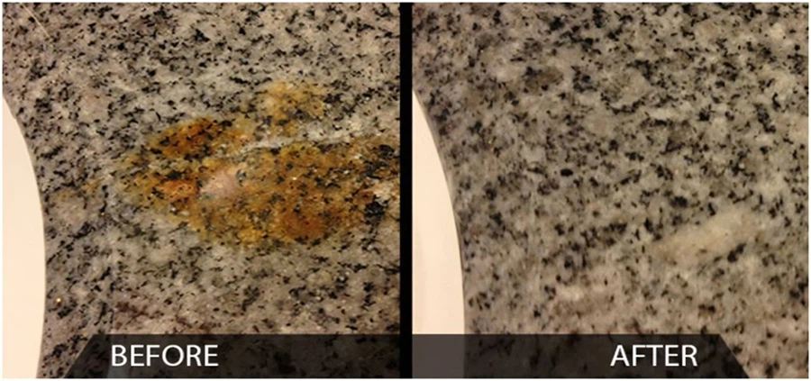 Rust Removal from granite countertop before and after